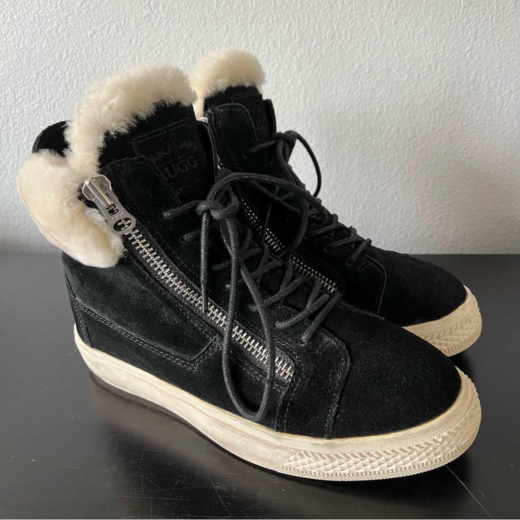 Ugg Alameda Mid Zip Black Leather Shearling Women's Sneakers Size 8m / 9b